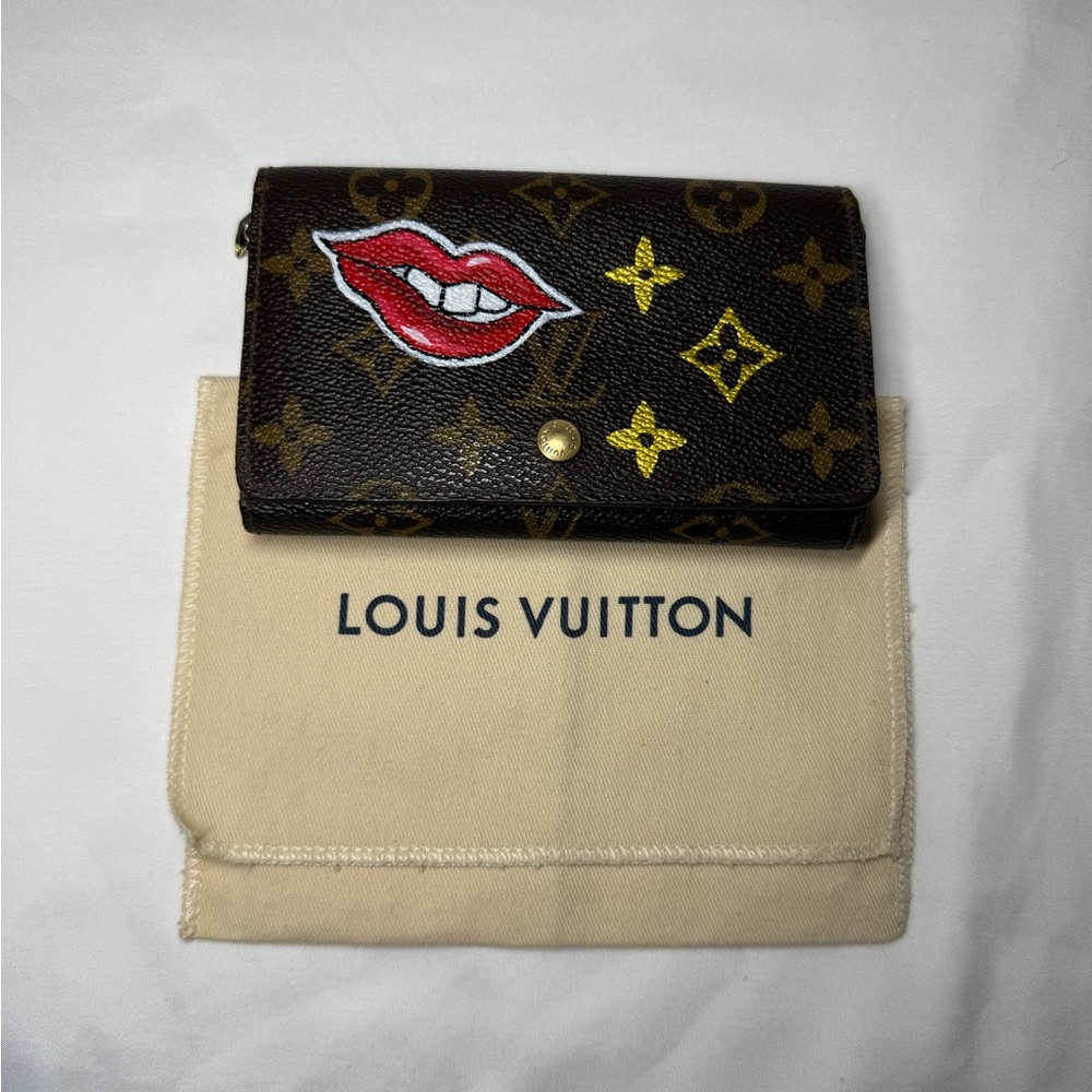 Authentic Louis Vuitton Monogram Tressor Wallet with custom painted red lips